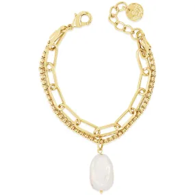 Absolute Gold Double Chain Pearl Pendant Drop Bracelet