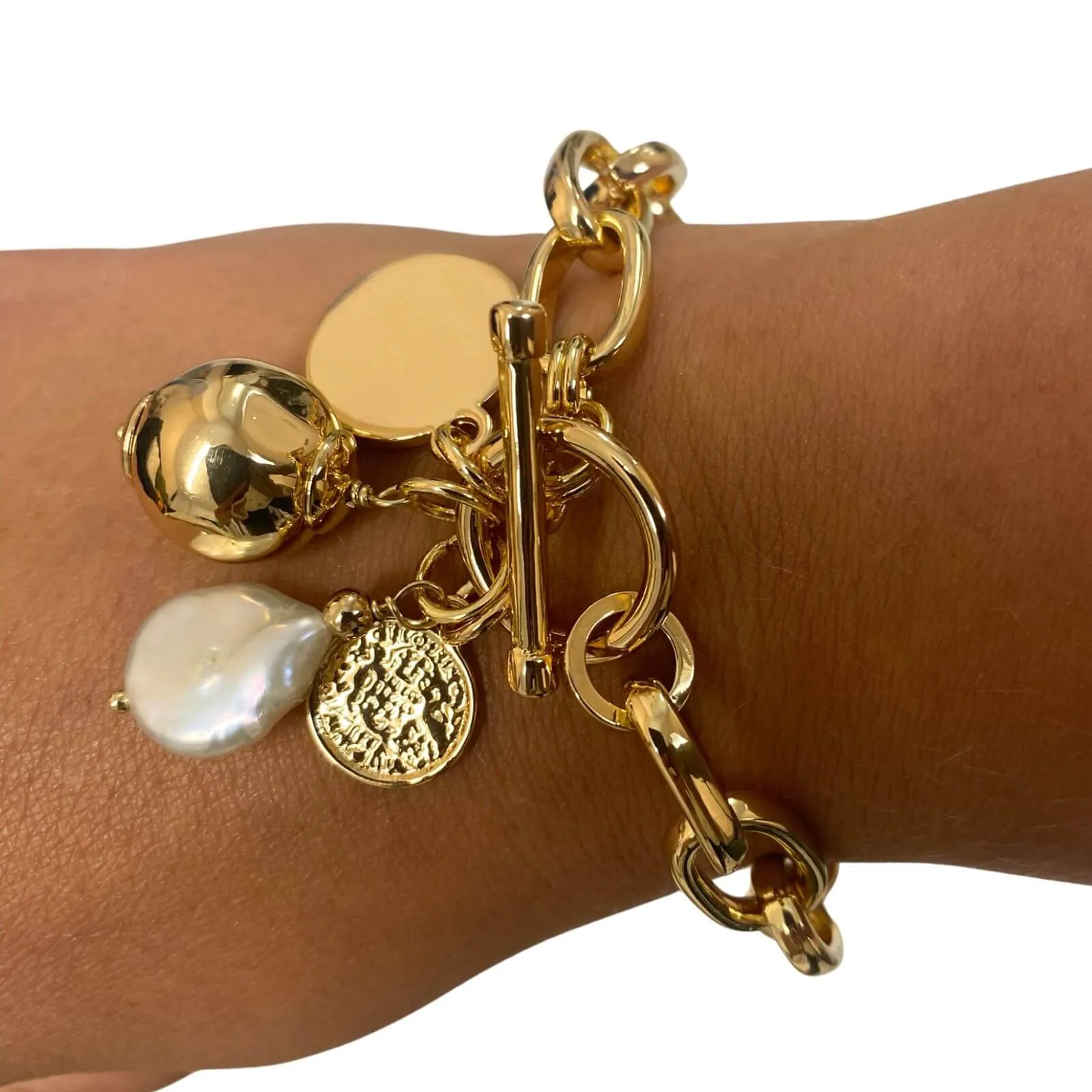 Absolute Gold Sphere & Pearl T Bar Bracelet