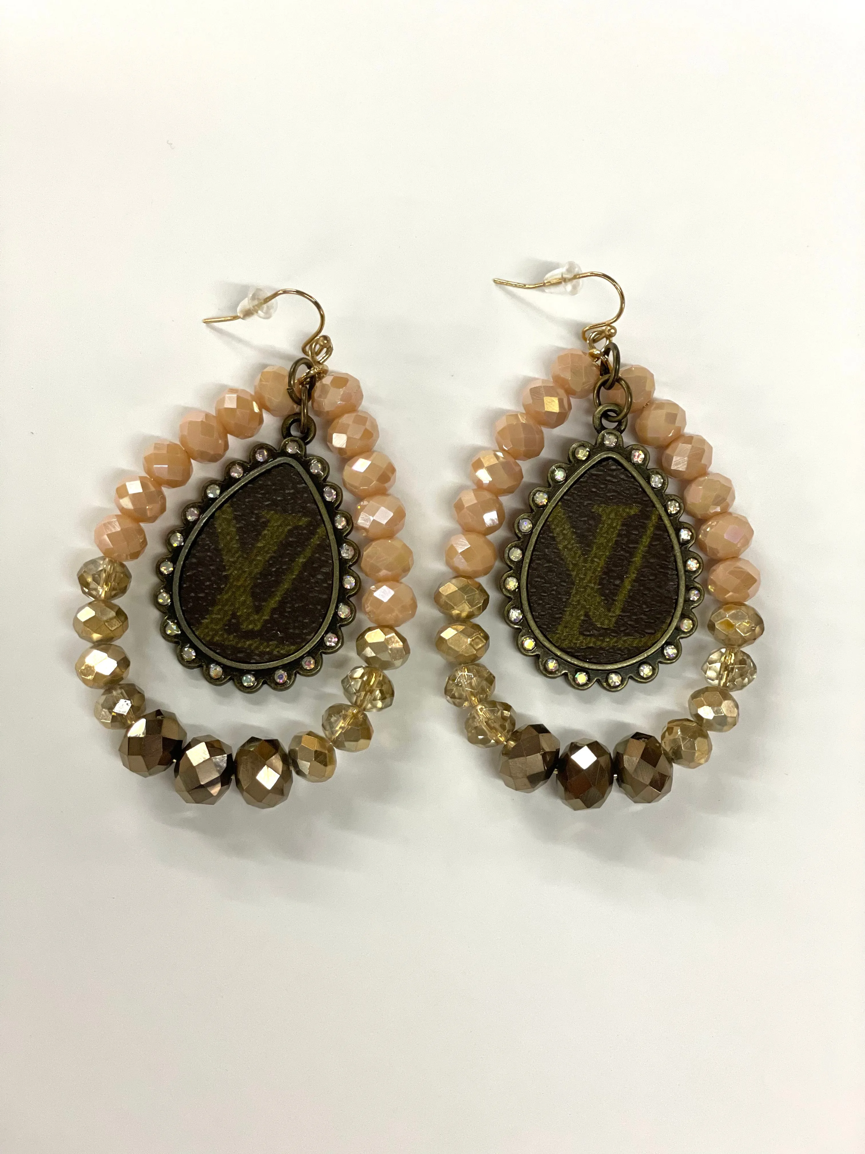 Beaded pink & brown teardrop with LV