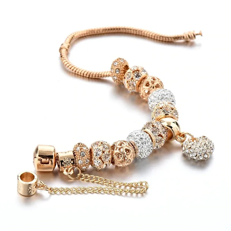 Bejeweled Crystal Heart Charm Bangle Bracelet