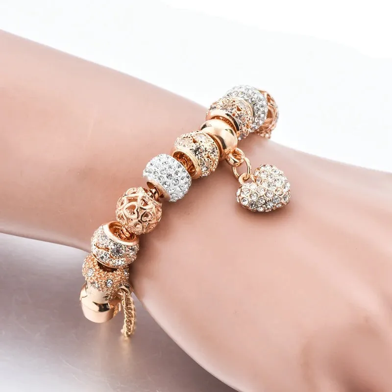 Bejeweled Crystal Heart Charm Bangle Bracelet