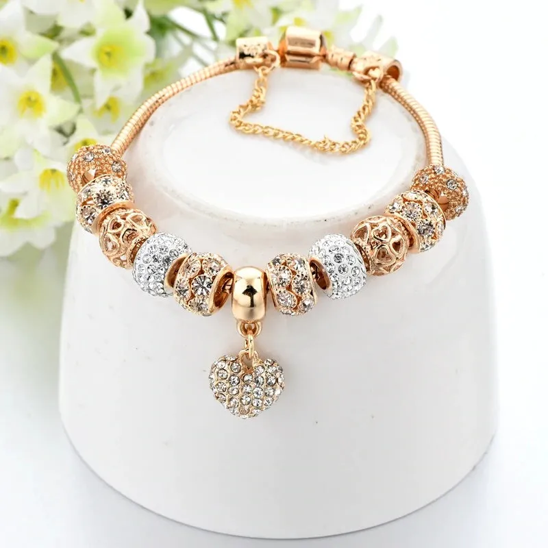 Bejeweled Crystal Heart Charm Bangle Bracelet