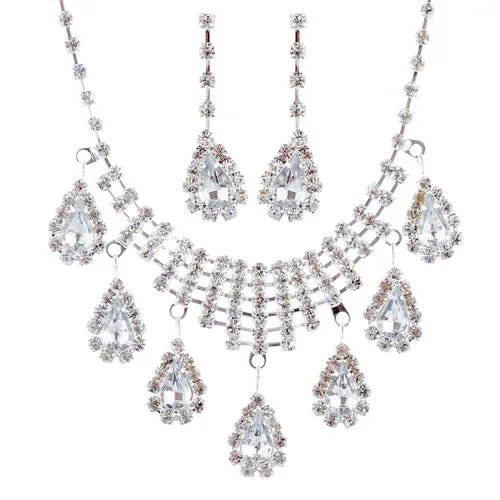 Bridal Wedding Jewelry Set Crystal Rhinestone Dangle Teardrop Necklace Silver