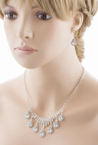 Bridal Wedding Jewelry Set Crystal Rhinestone Dangle Teardrop Necklace Silver