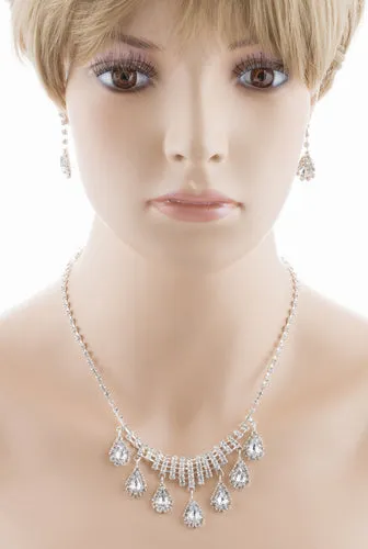 Bridal Wedding Jewelry Set Crystal Rhinestone Dangle Teardrop Necklace Silver