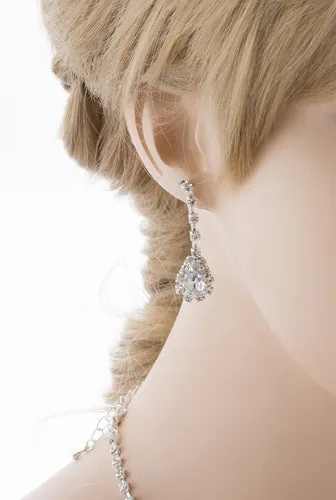 Bridal Wedding Jewelry Set Crystal Rhinestone Dangle Teardrop Necklace Silver