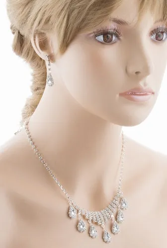 Bridal Wedding Jewelry Set Crystal Rhinestone Dangle Teardrop Necklace Silver