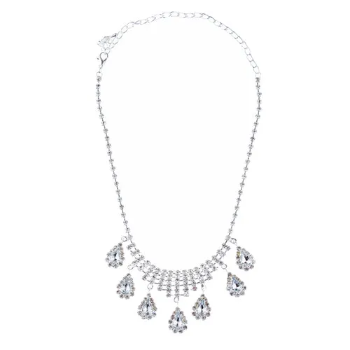 Bridal Wedding Jewelry Set Crystal Rhinestone Dangle Teardrop Necklace Silver