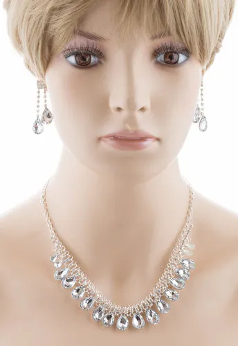 Bridal Wedding Jewelry Set Crystal Rhinestone Teardrop Dangles Necklace Silver