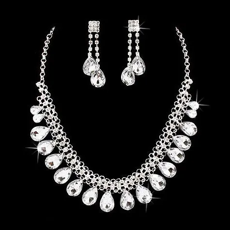 Bridal Wedding Jewelry Set Crystal Rhinestone Teardrop Dangles Necklace Silver