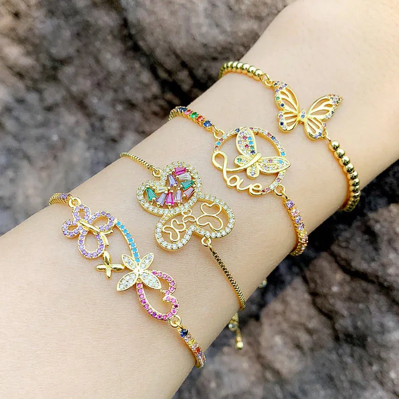 Colorful Zircon Bejeweled Butterfly Charm Adjustable Bracelets