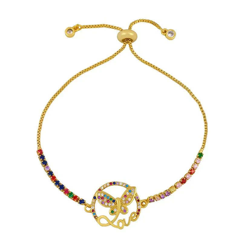 Colorful Zircon Bejeweled Butterfly Charm Adjustable Bracelets