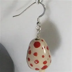 Cream and Red Kazuri Teardrop Handmade Earrings