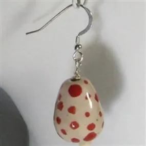 Cream and Red Kazuri Teardrop Handmade Earrings