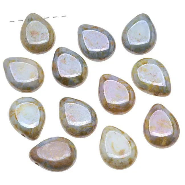 Czech Glass Beads Flat Pear Teardrops - 16x12mm 'Opaque Green Luster' (25)