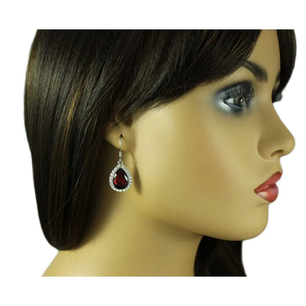 Dark Red Crystal Teardrop Dangling Pierced Earring - PT410SE