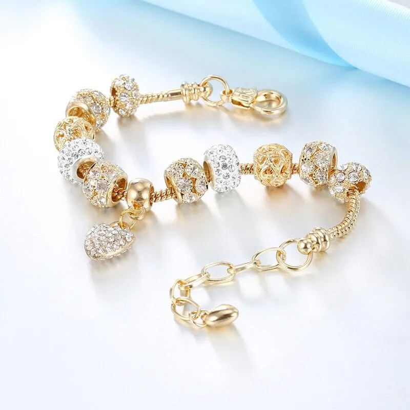 Delightful Heart of Gold Bejeweled Charm Bracelets