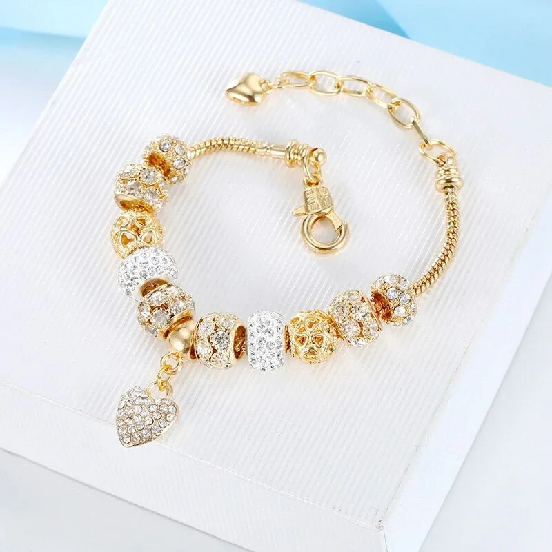 Delightful Heart of Gold Bejeweled Charm Bracelets