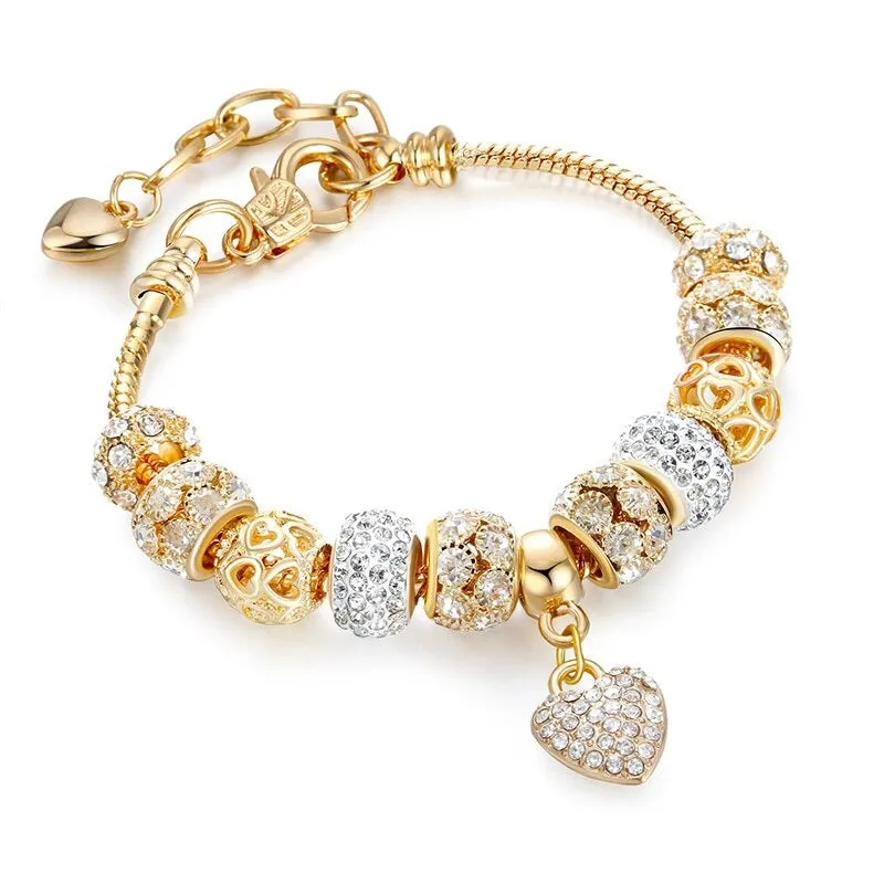 Delightful Heart of Gold Bejeweled Charm Bracelets