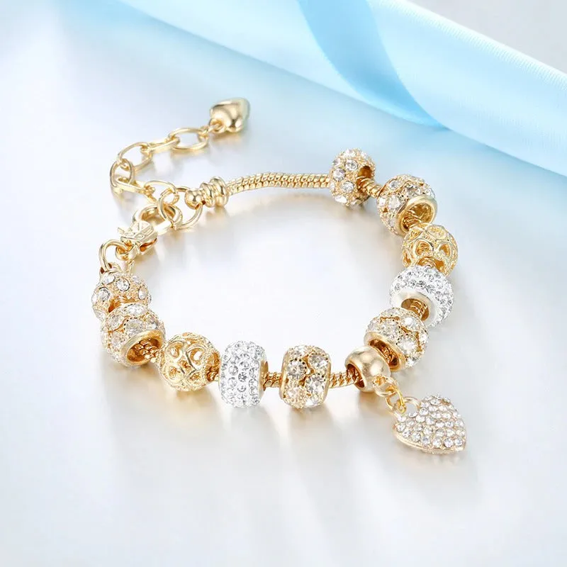 Delightful Heart of Gold Bejeweled Charm Bracelets