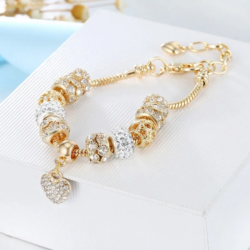 Delightful Heart of Gold Bejeweled Charm Bracelets