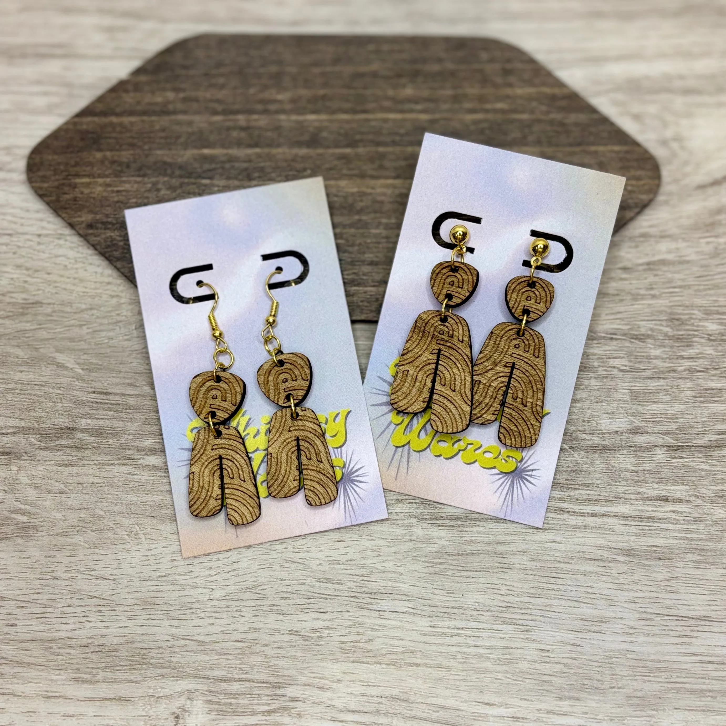 Engraved Geometric Swirl - Natural Wood Earrings