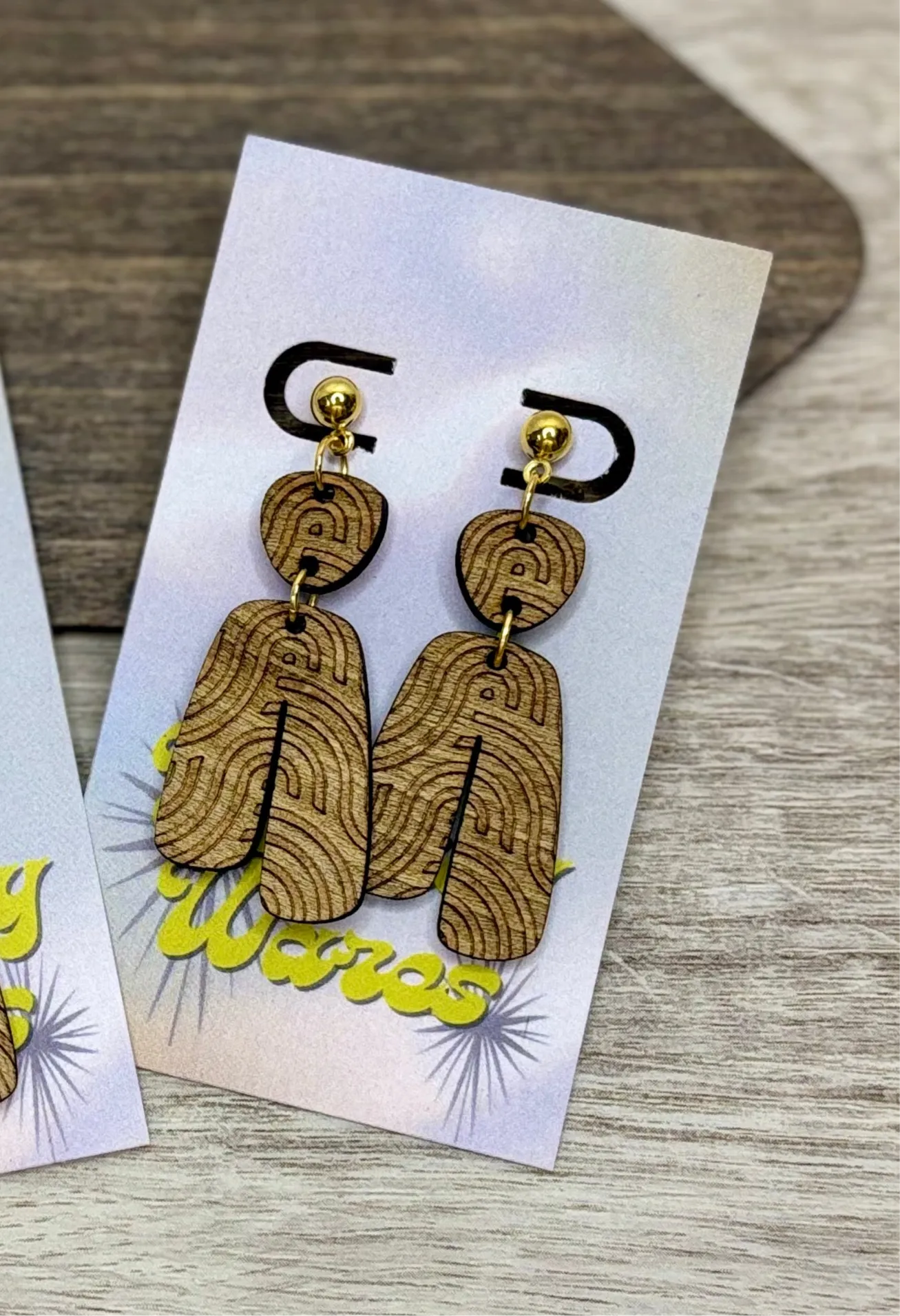 Engraved Geometric Swirl - Natural Wood Earrings