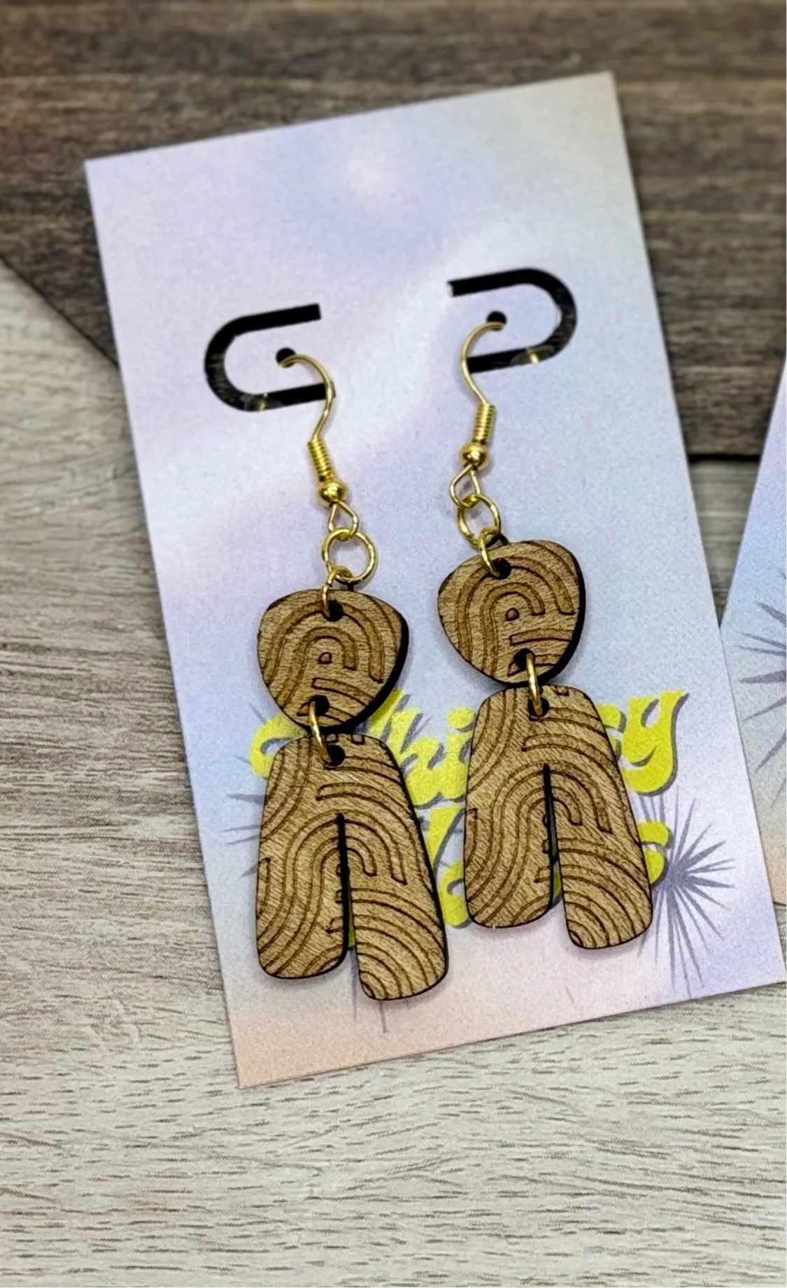 Engraved Geometric Swirl - Natural Wood Earrings