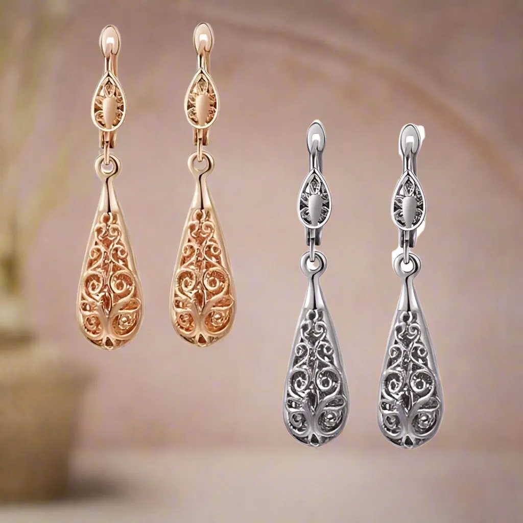 Exquisite Arabesque Filigree Puff Teardrop Gold Earrings for Women