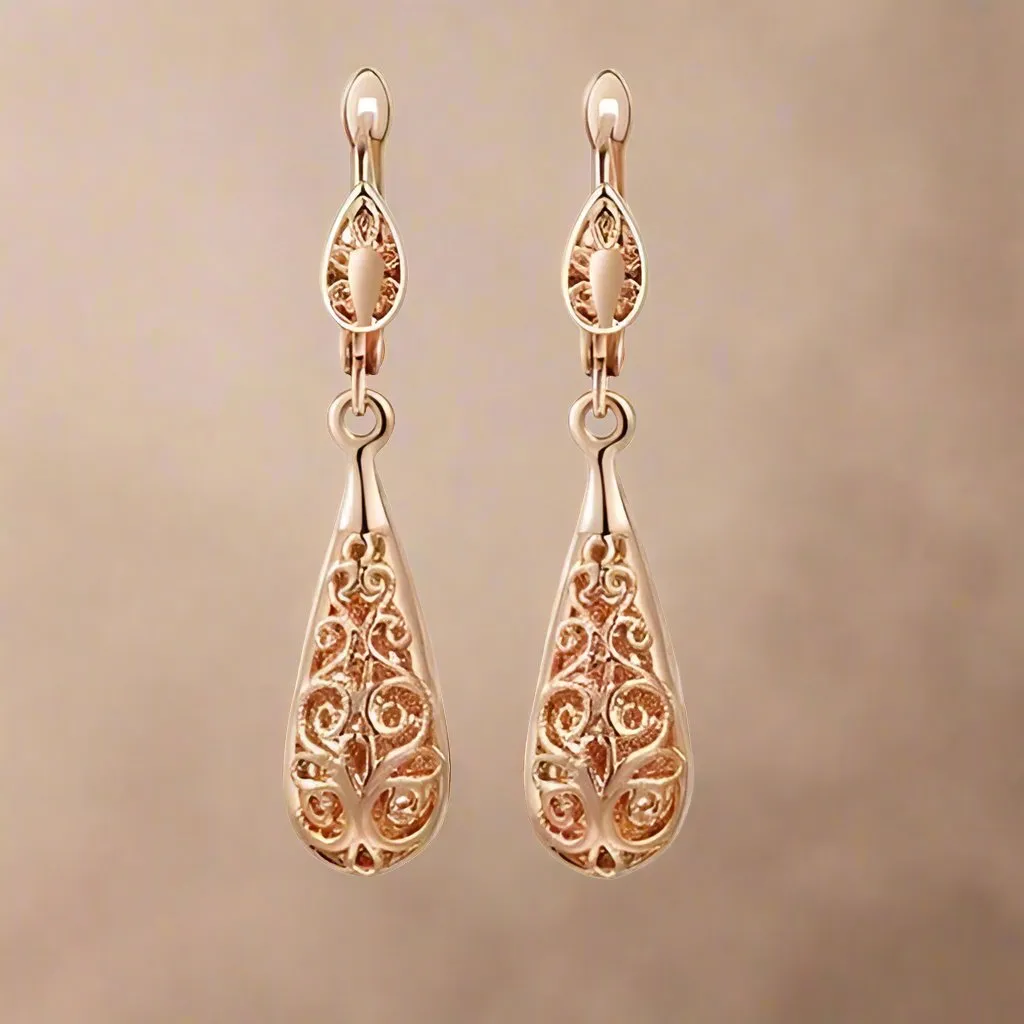 Exquisite Arabesque Filigree Puff Teardrop Gold Earrings for Women