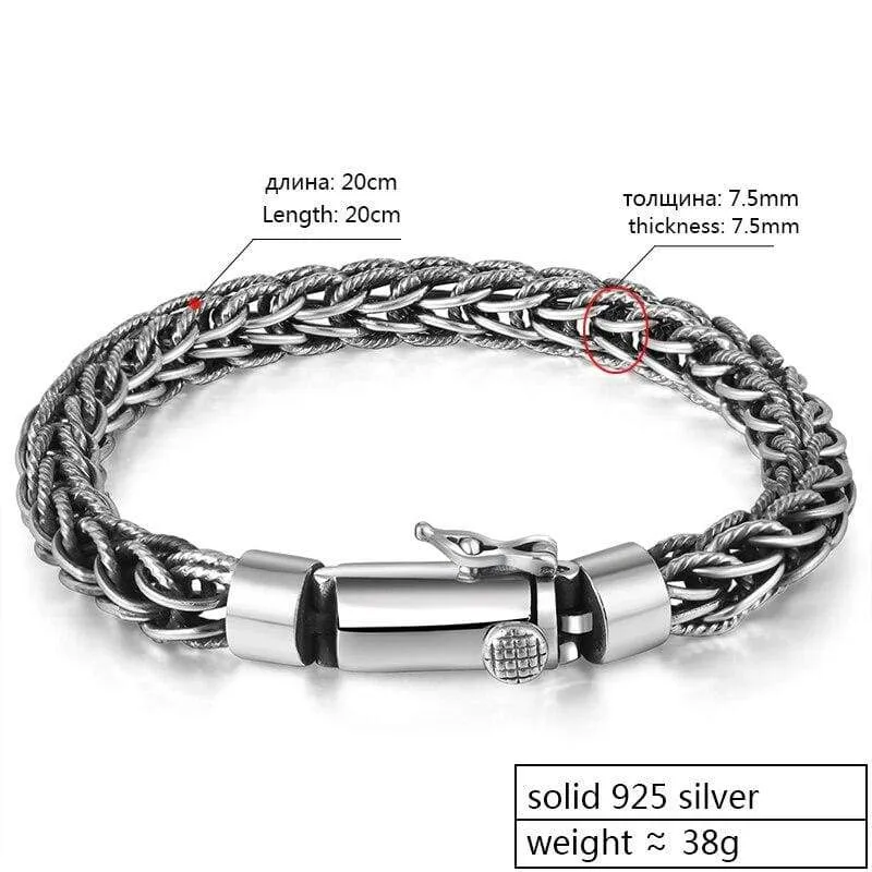 Genuine 925 Sterling Silver Bracelet Men Vintage Handmade Weave Bracelets Bangles Mans Jewelry (Length 20cm)