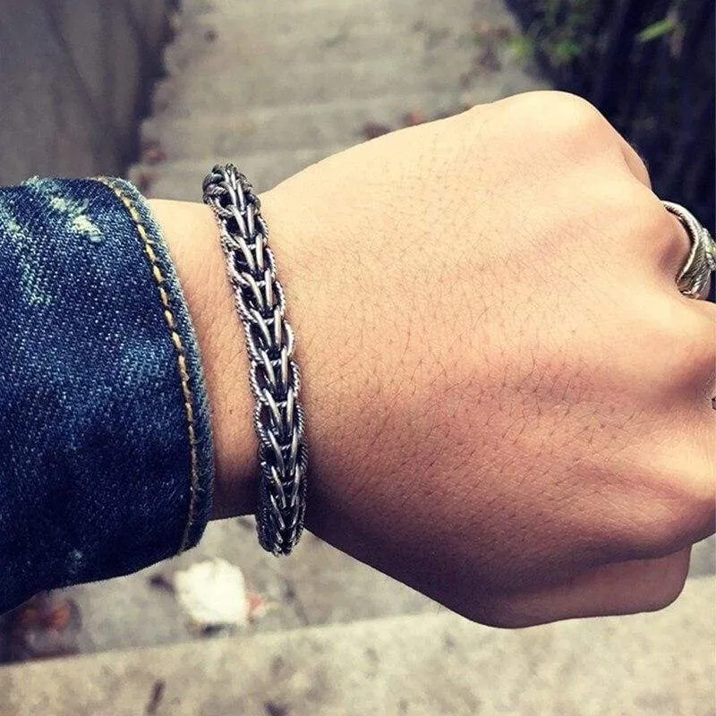Genuine 925 Sterling Silver Bracelet Men Vintage Handmade Weave Bracelets Bangles Mans Jewelry (Length 20cm)