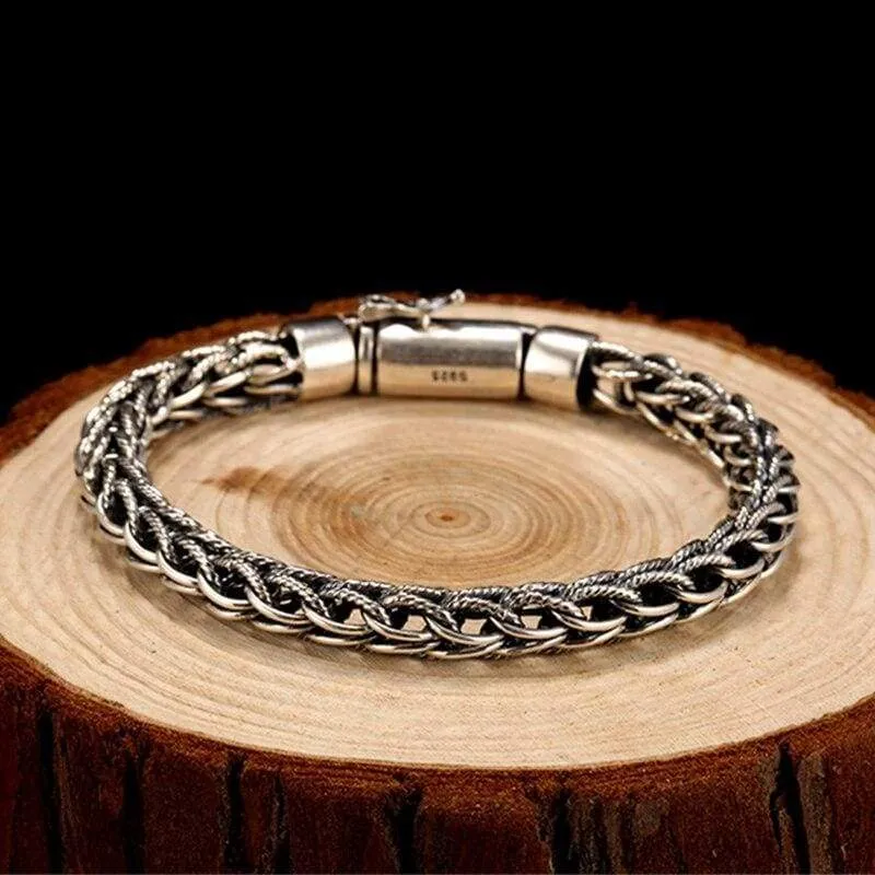 Genuine 925 Sterling Silver Bracelet Men Vintage Handmade Weave Bracelets Bangles Mans Jewelry (Length 20cm)