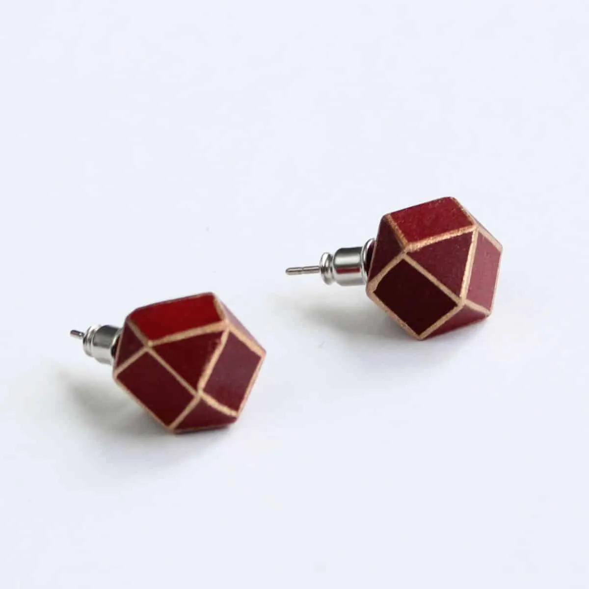 Handcrafted Rust-Colored Geometric Wooden Post Earrings