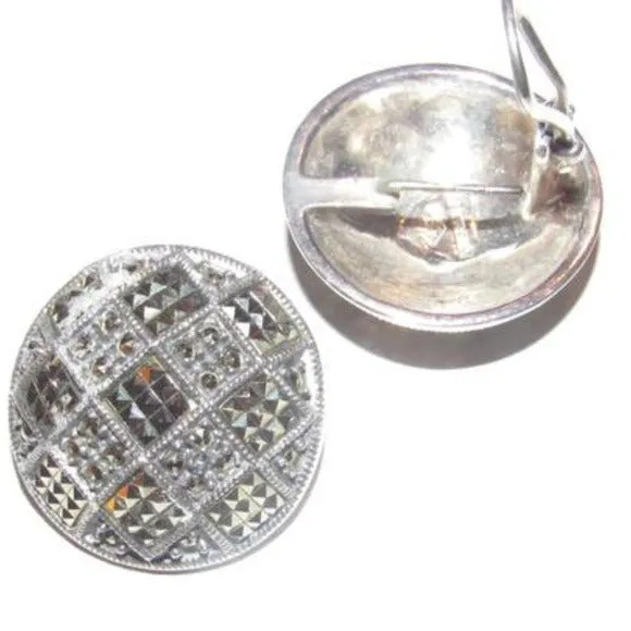 Judith Jack Art Deco Marcasite Checkerboard Pierced with Clip On Earrings