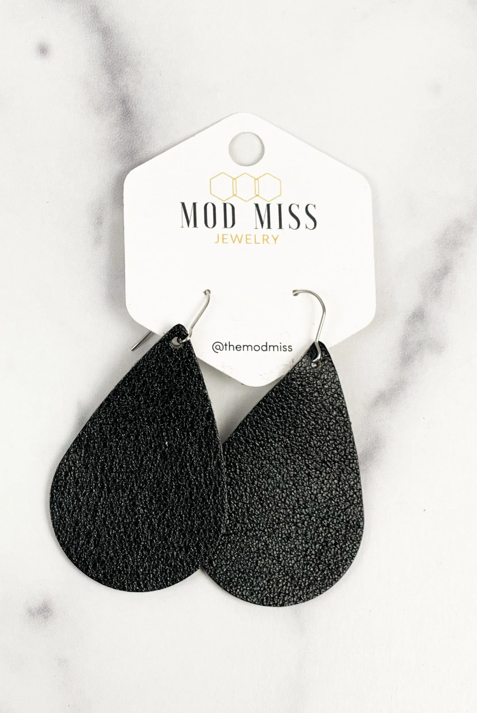 Leather Teardrop Earring "Metallic Black"