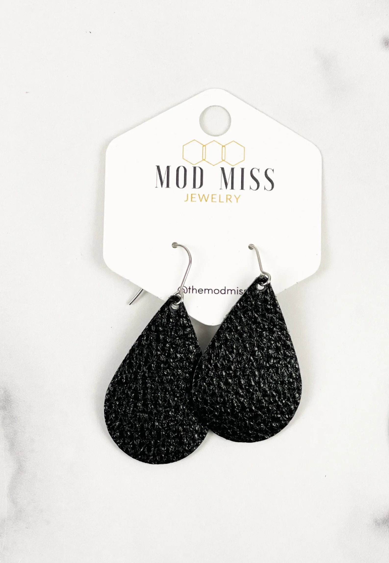Leather Teardrop Earring "Metallic Black"