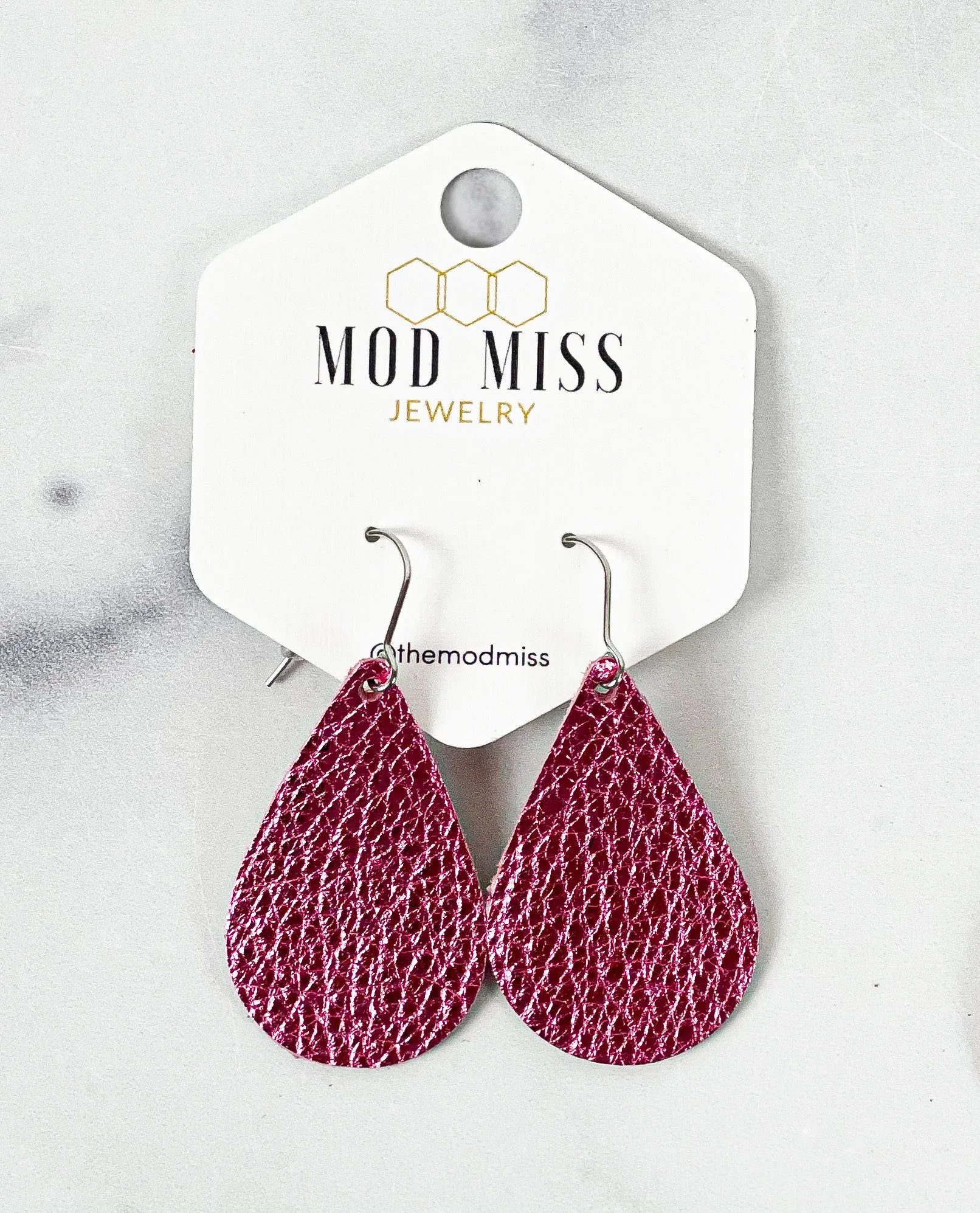Leather Teardrop Earring "Metallic Hot Pink"