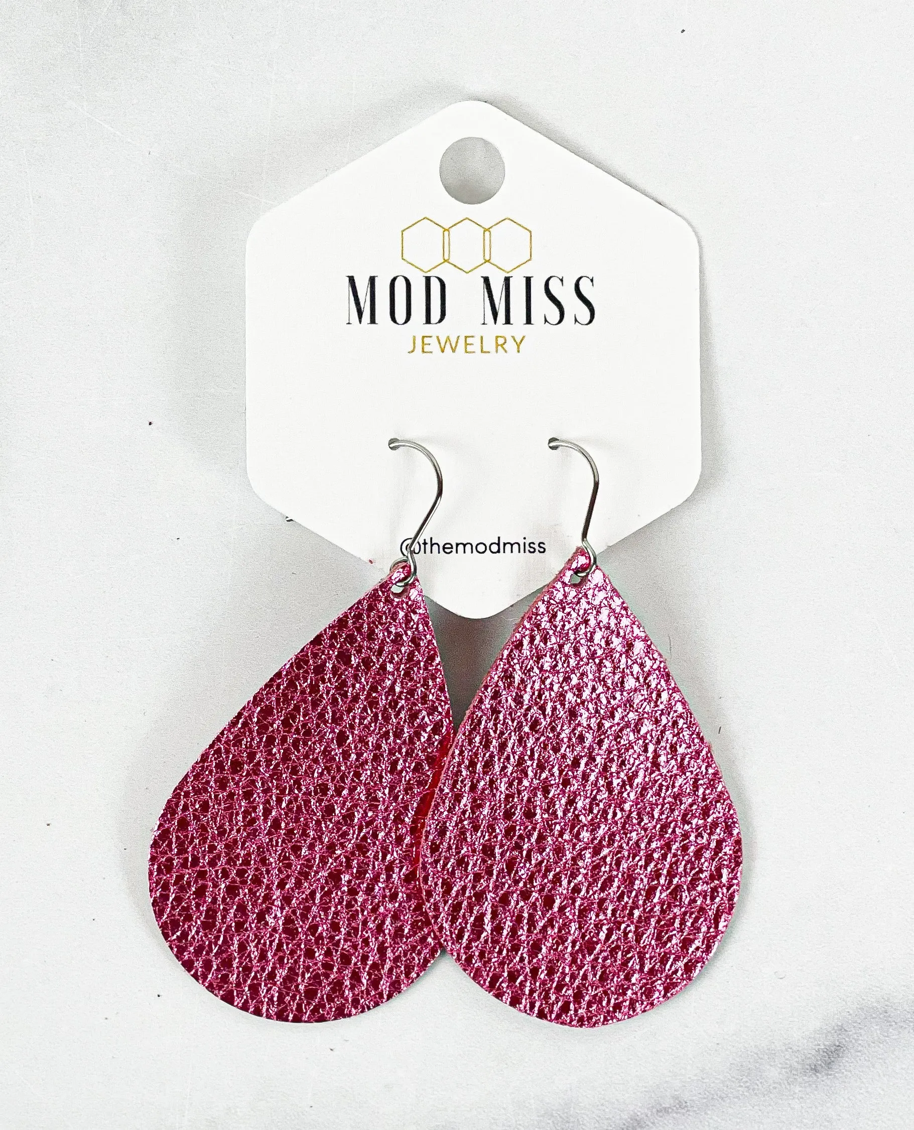 Leather Teardrop Earring "Metallic Hot Pink"