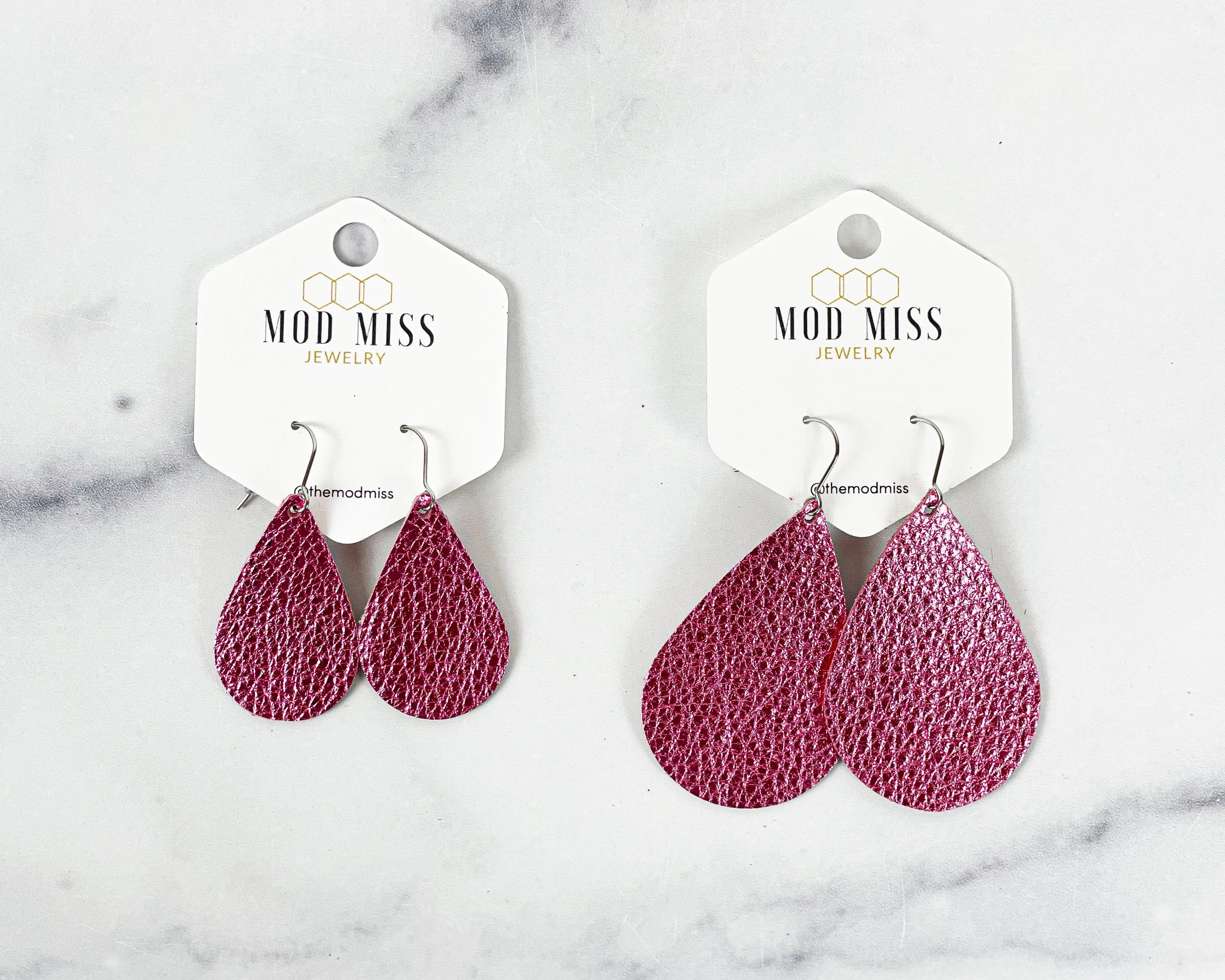 Leather Teardrop Earring "Metallic Hot Pink"