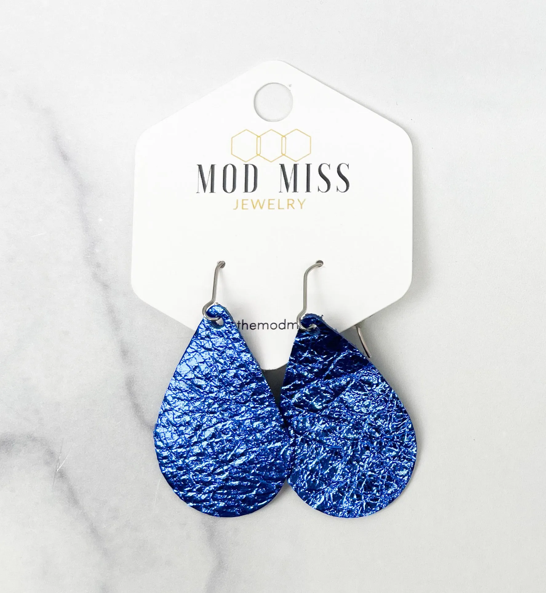 Leather Teardrop Earring "Metallic Royal Blue"