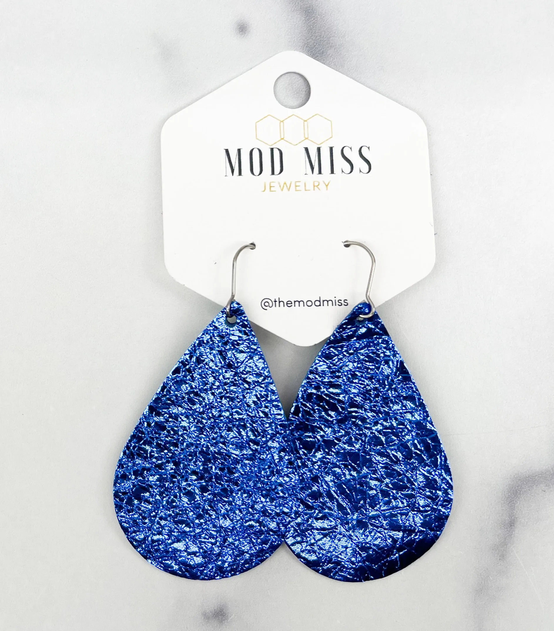 Leather Teardrop Earring "Metallic Royal Blue"