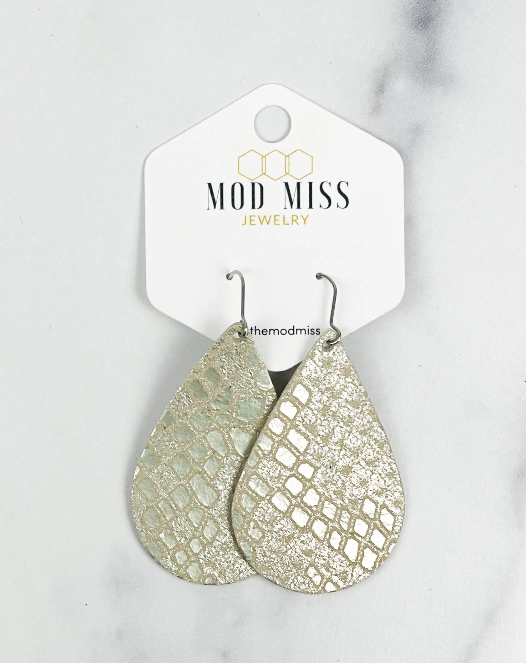 Leather Teardrop Earring "Snakeskin Champagne"