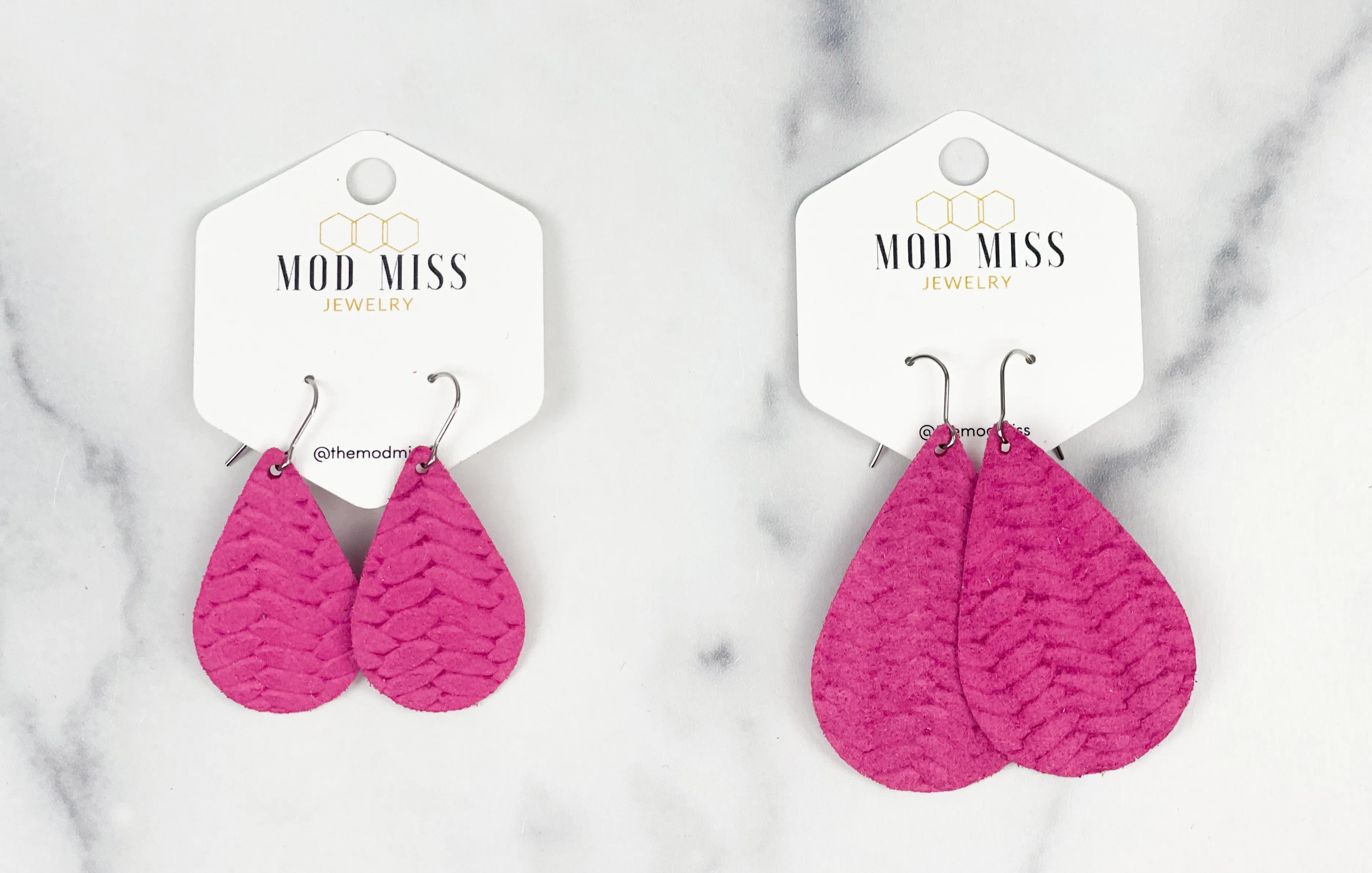 Leather Teardrop Earring "Weaved Hot Pink"
