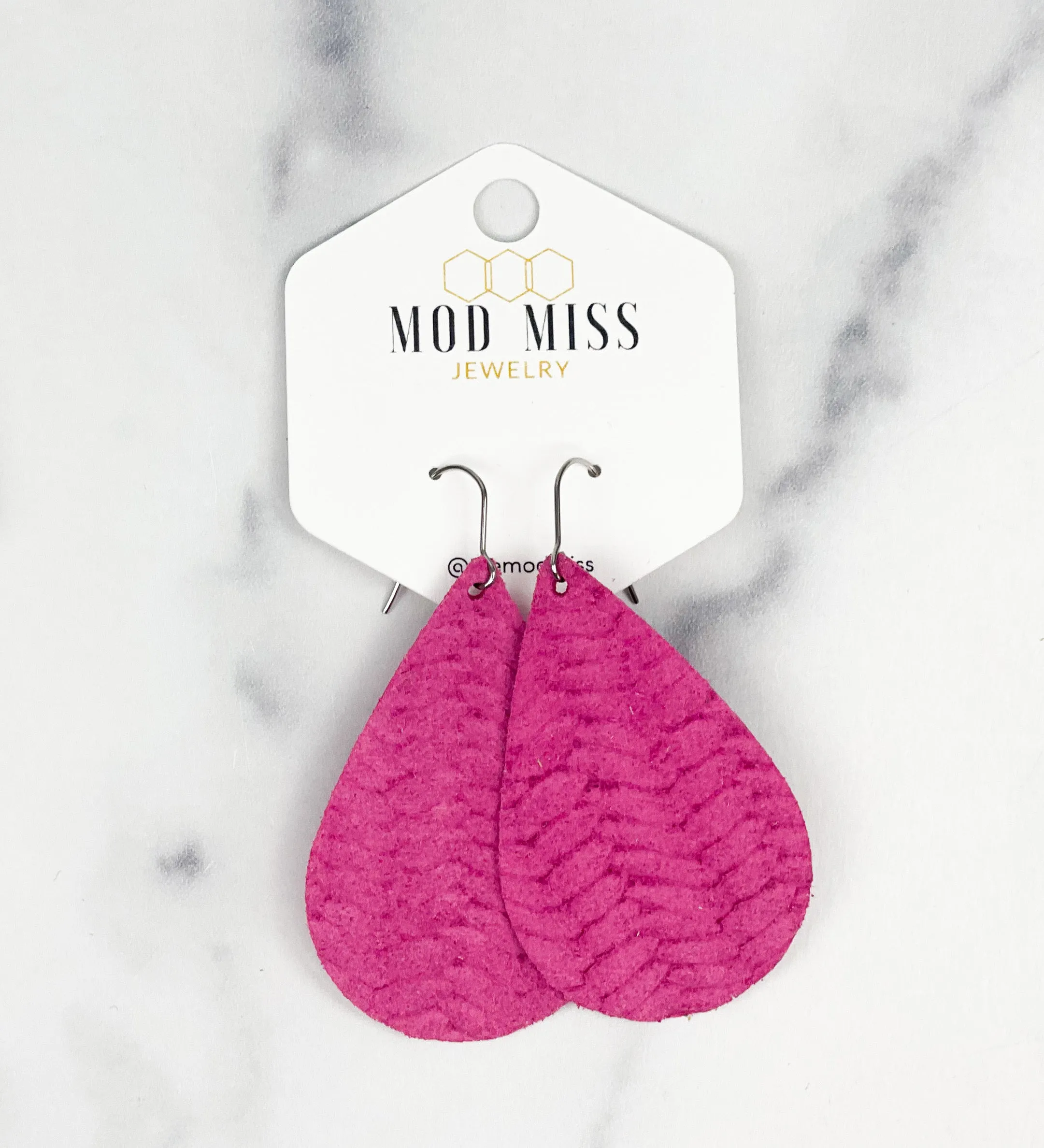 Leather Teardrop Earring "Weaved Hot Pink"