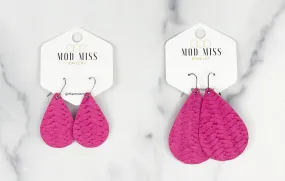 Leather Teardrop Earring "Weaved Hot Pink"