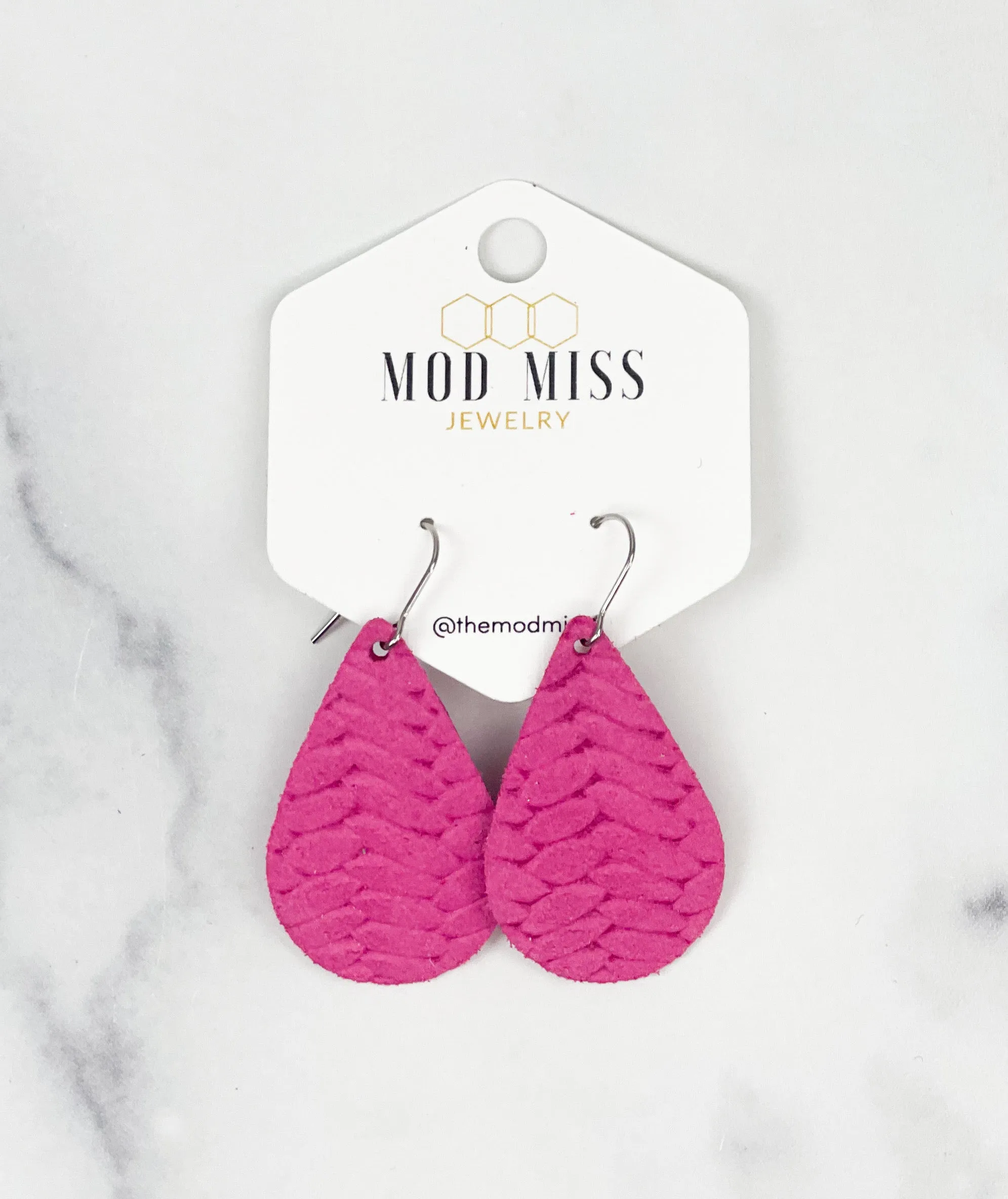 Leather Teardrop Earring "Weaved Hot Pink"