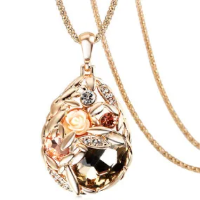 Long Necklace Gold Plated Popcorn Chain Austrian Crystal Jewelry Pendant Necklaces Women Gift Rose Flower Necklace