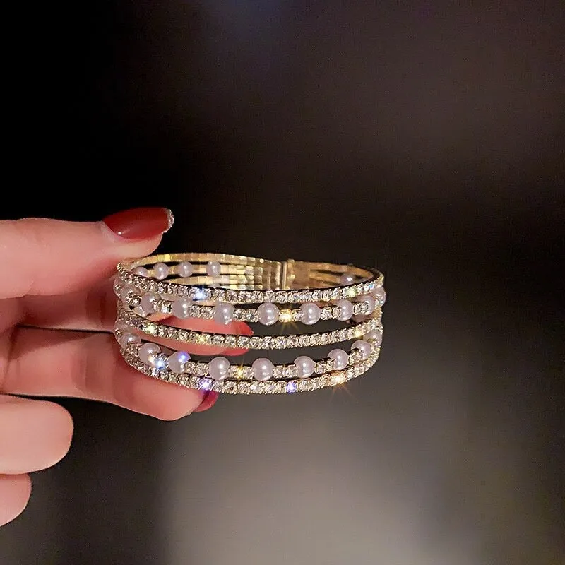Multi-layer Rhinestones and Pearls Bejeweled Cuff Bangle Bracelets