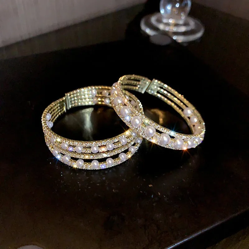 Multi-layer Rhinestones and Pearls Bejeweled Cuff Bangle Bracelets